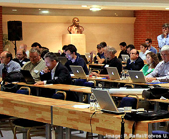 A photo showing people attending a session at the LSC-Virgo meeting in progress in September 2009